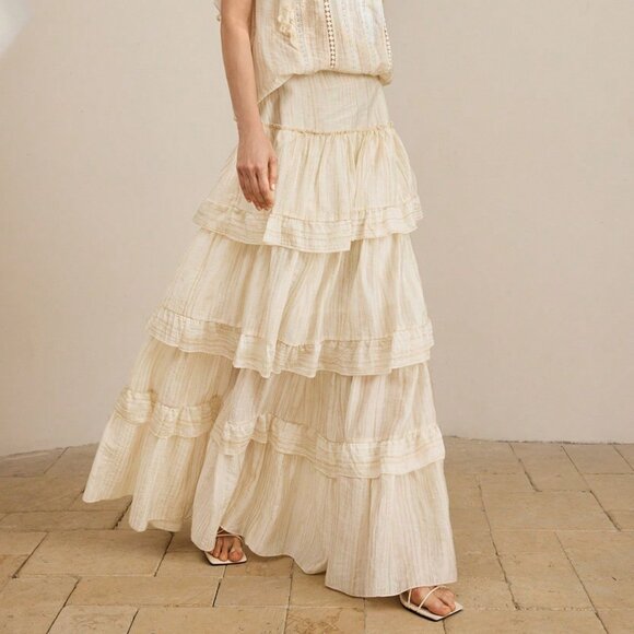 Apricot Casual Women's Long Ruffled Hem Elegant Multi-Layer Skirt - Picture 1 of 3